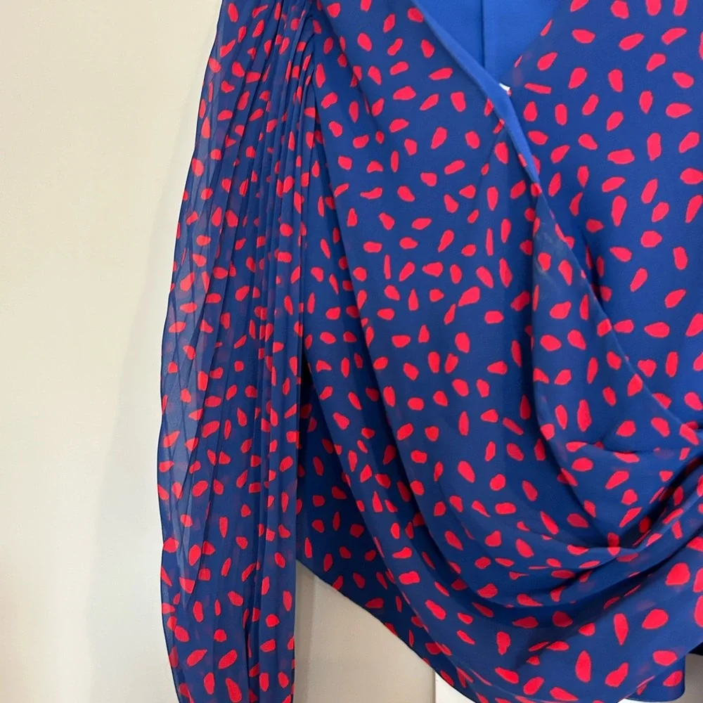Self portrait crepe printed wrap blouse pleated detail size US 4 blue/red - Picture 9 of 11
